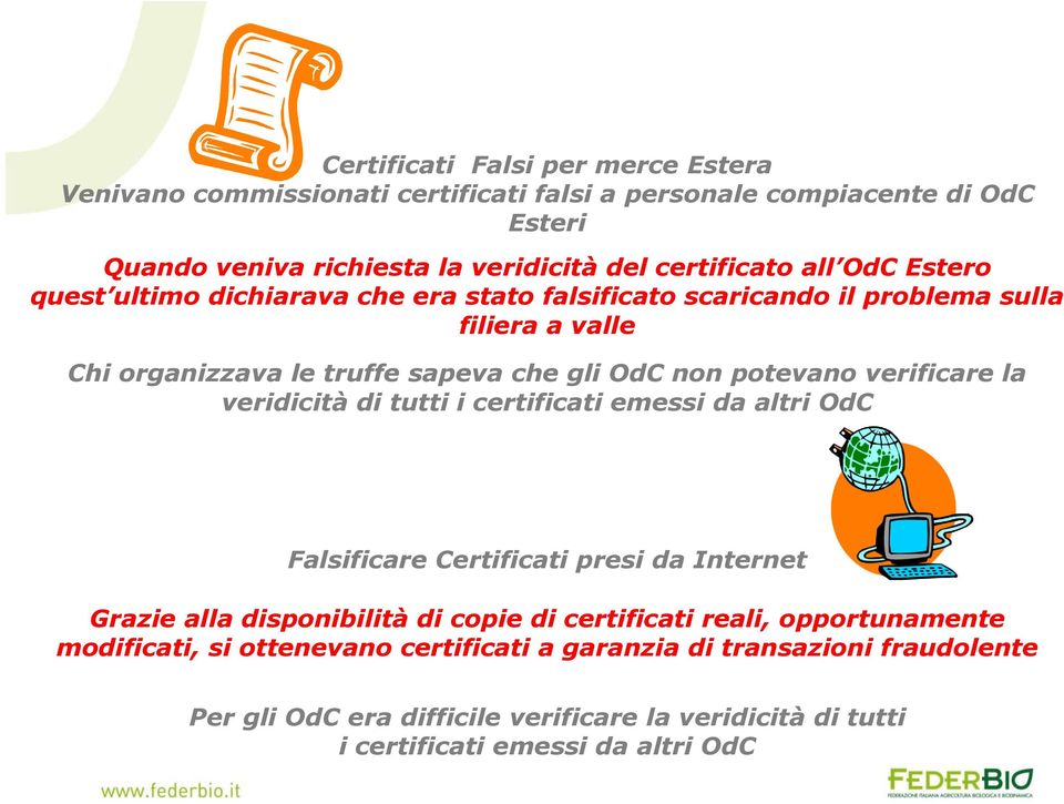 verificare la veridicità di tutti i certificati emessi da altri OdC Falsificare Certificati presi da Internet Grazie alla disponibilità di copie di certificati reali,