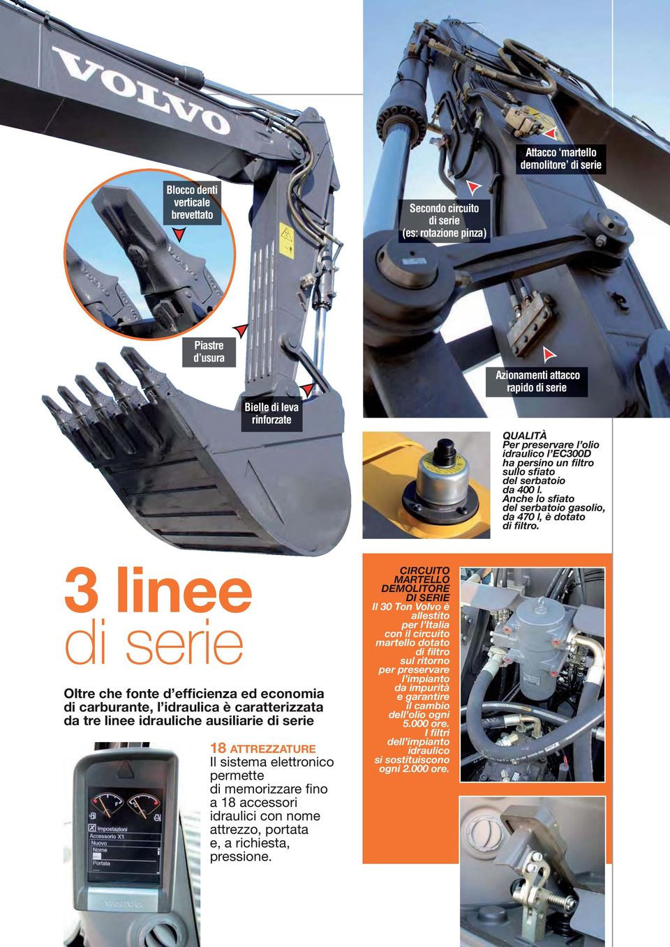 3 linee di serie Oltre che fonte d efficienza ed economia di carburante, l idraulica è caratterizzata da tre linee idrauliche ausiliarie di serie 18 ATTREZZATURE Il sistema elettronico permette di