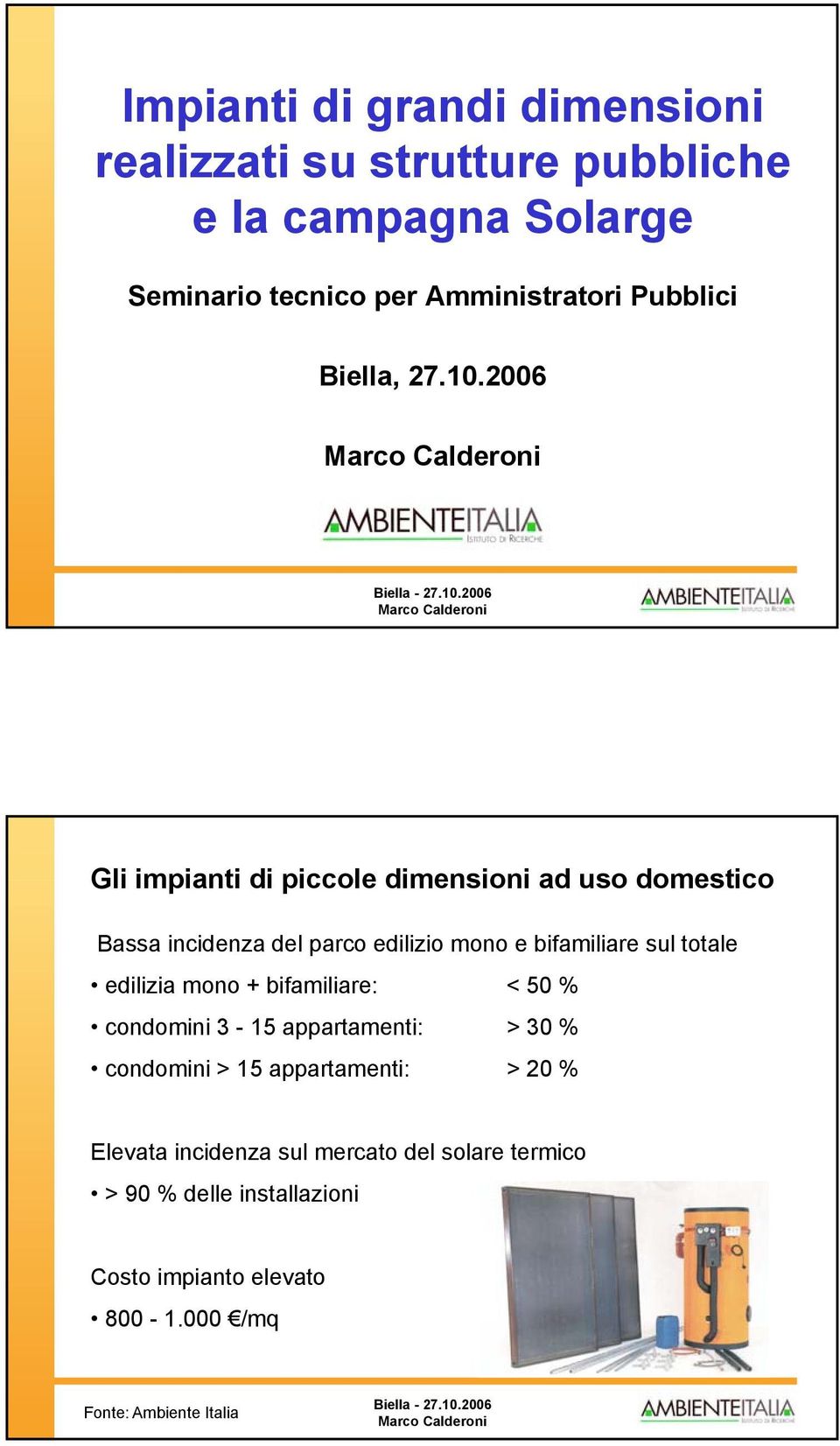 2006 Fonte: Gli impianti di piccole dimensioni ad uso domestico Bassa incidenza del parco edilizio mono e bifamiliare sul