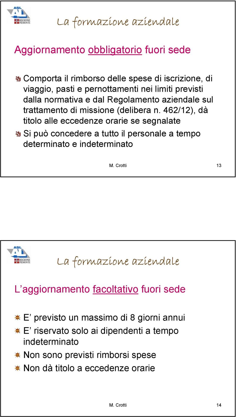 462/12), dà titolo alle eccedenze orarie se segnalate Si può concedere a tutto il personale a tempo determinato e indeterminato M.