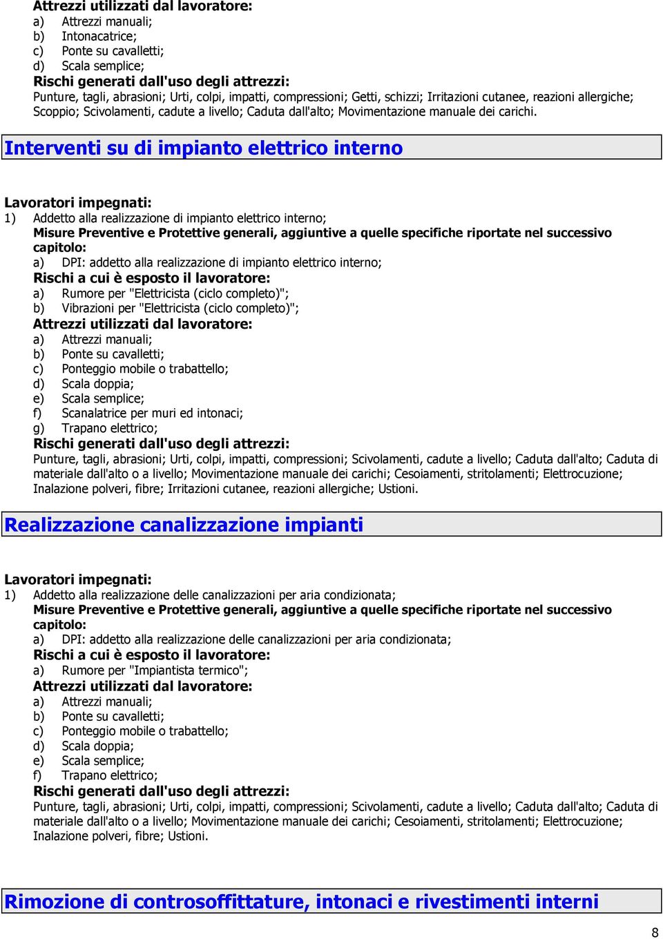 Interventi su di impianto elettrico interno Lavoratori impegnati: 1) Addetto alla realizzazione di impianto elettrico interno; Misure Preventive e Protettive generali, aggiuntive a quelle specifiche