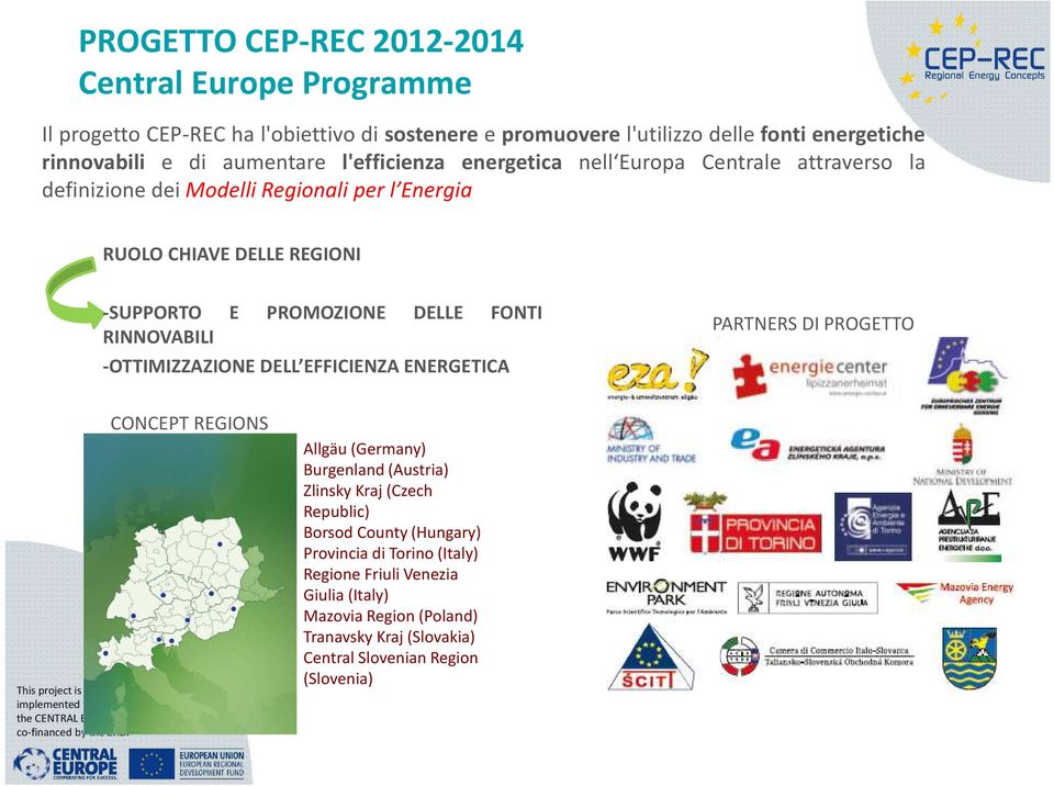 EFFICIENZA ENERGETICA PARTNERS DI PROGETTO This project is implemented through the CENTRAL EUROPE Programme co-financed by the ERDF CONCEPT REGIONS Allgäu (Germany) Burgenland (Austria)