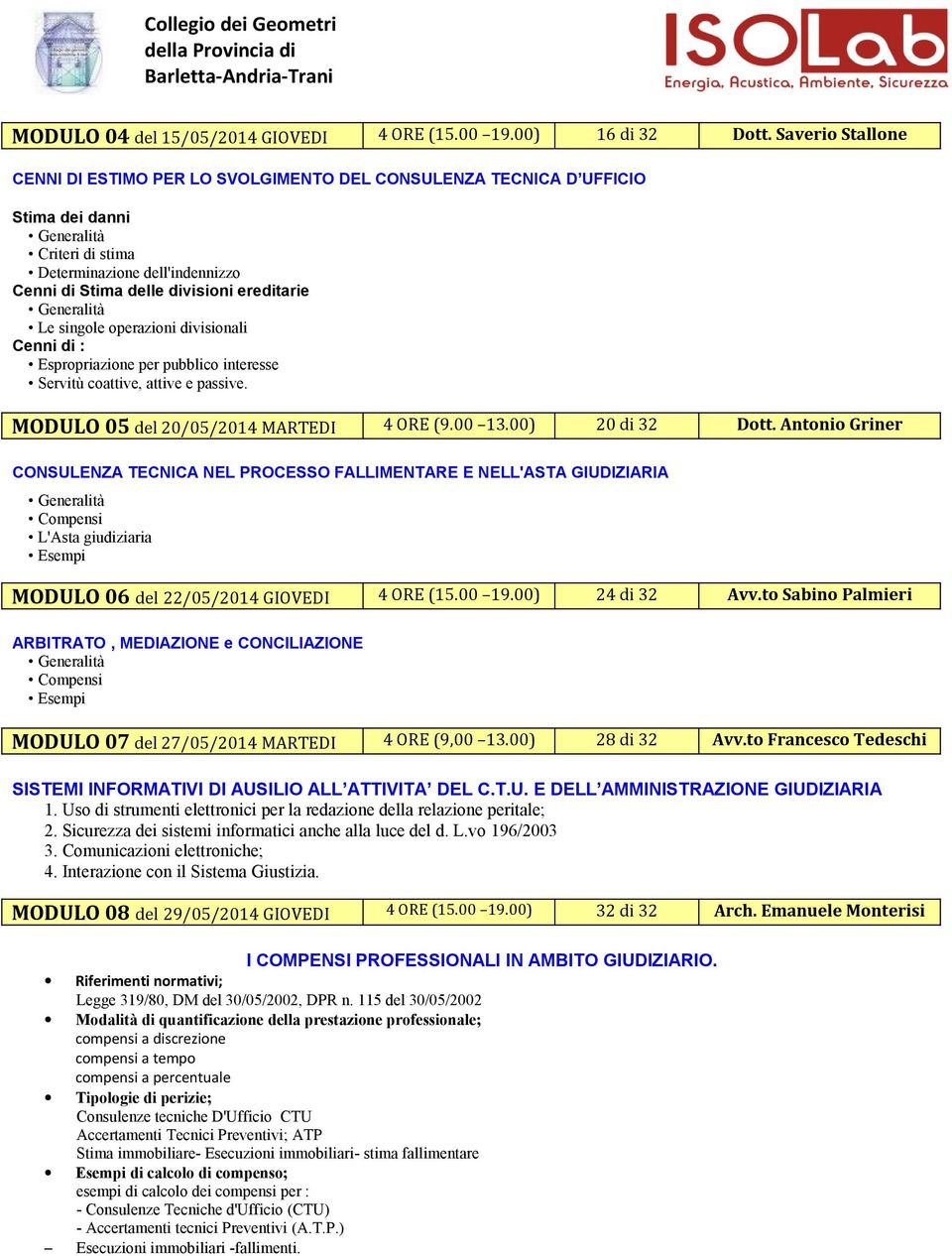 singole operazioni divisionali Cenni di : Espropriazione per pubblico interesse Servitù coattive, attive e passive. MODULO 05 del 20/05/2014 MARTEDI 4 ORE (9.00 13.00) 20 di 32 Dott.