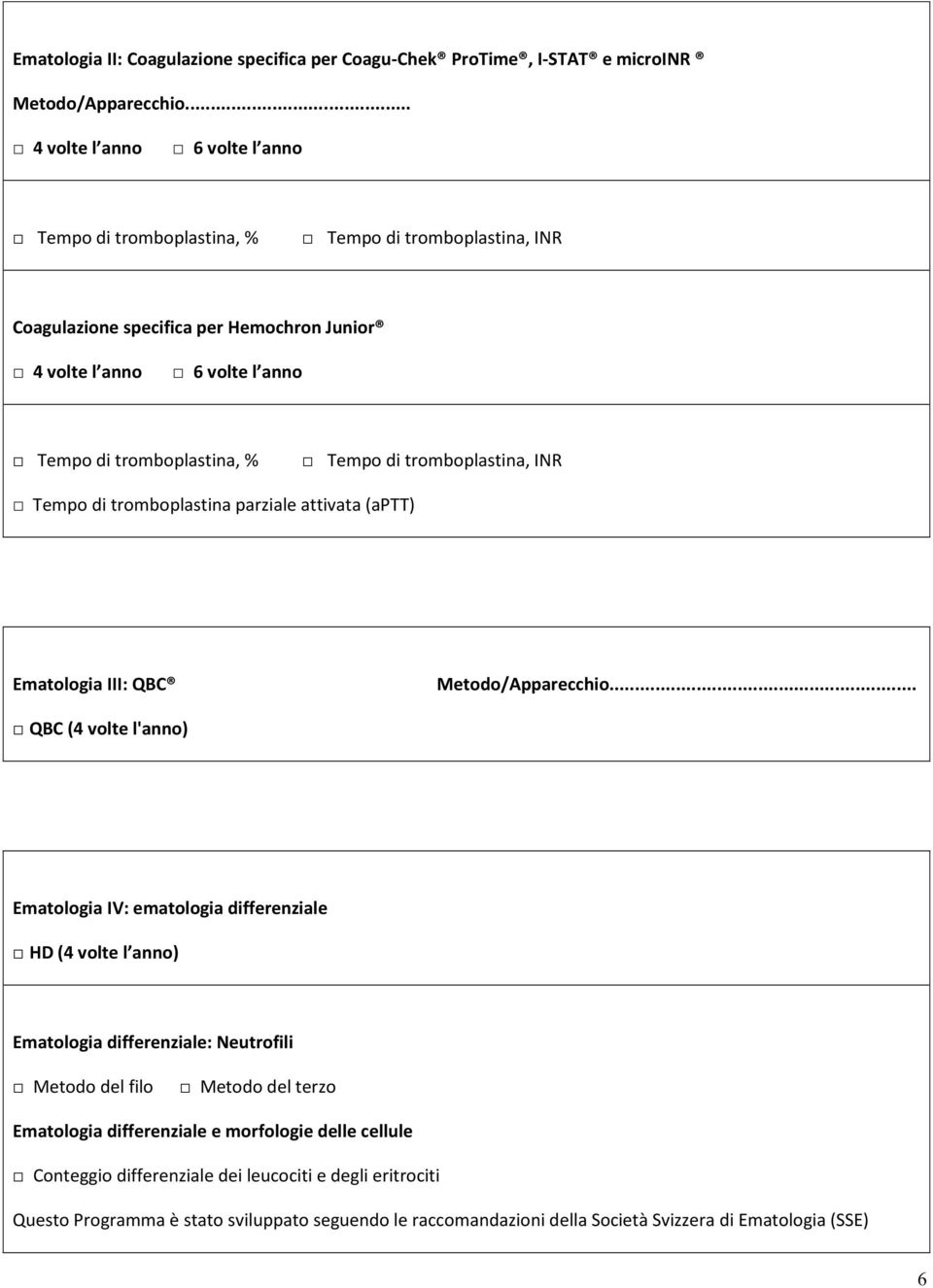 Tempo di tromboplastina, INR Tempo di tromboplastina parziale attivata (aptt) Ematologia III: QBC Metodo/Apparecchio.