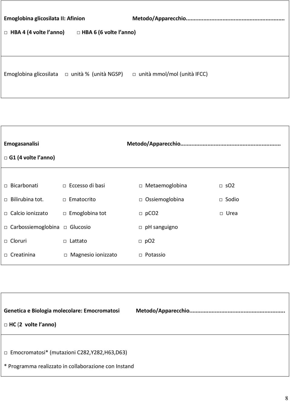.. G1 (4 volte l anno) Bicarbonati Eccesso di basi Metaemoglobina so2 Bilirubina tot.