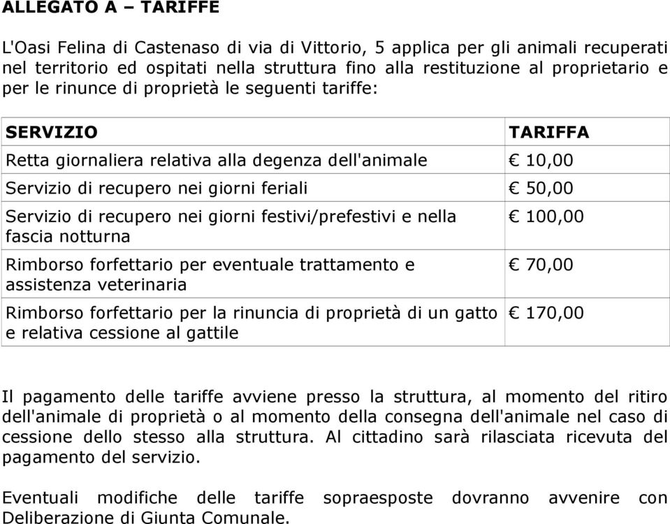 festivi/prefestivi e nella fascia notturna Rimborso forfettario per eventuale trattamento e assistenza veterinaria Rimborso forfettario per la rinuncia di proprietà di un gatto e relativa cessione al