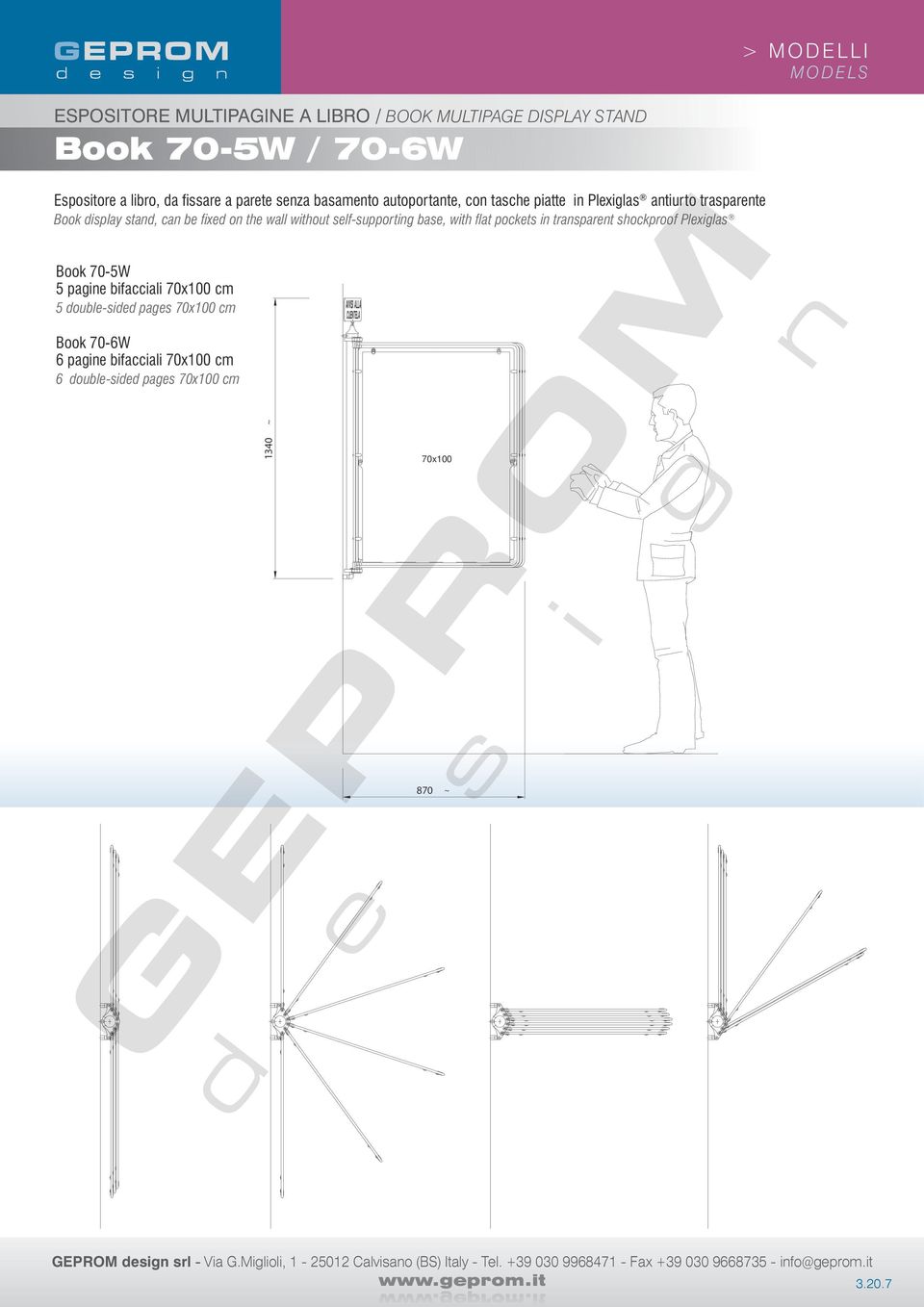 pockets in transparent shockproof Plexiglas Book 70-5W 5 pagine bifacciali 70x100 cm 5 double-sided pages 70x100 cm