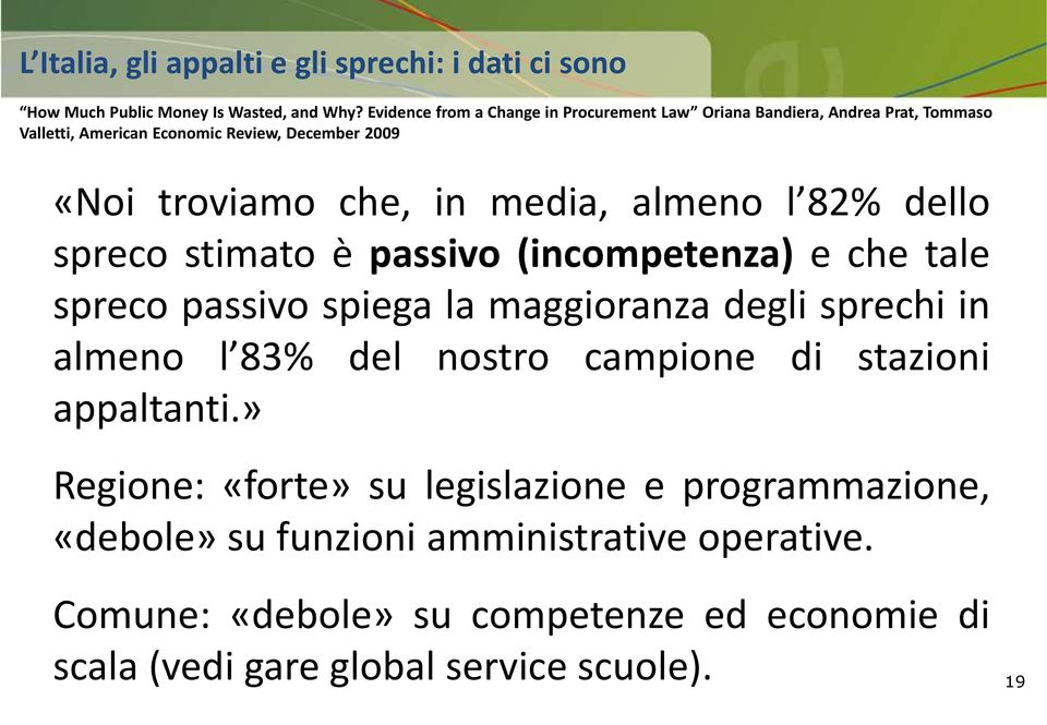 media, almeno l 82% dello spreco stimato è passivo (incompetenza) e che tale spreco passivo spiega la maggioranza degli sprechi in almeno l 83% del nostro