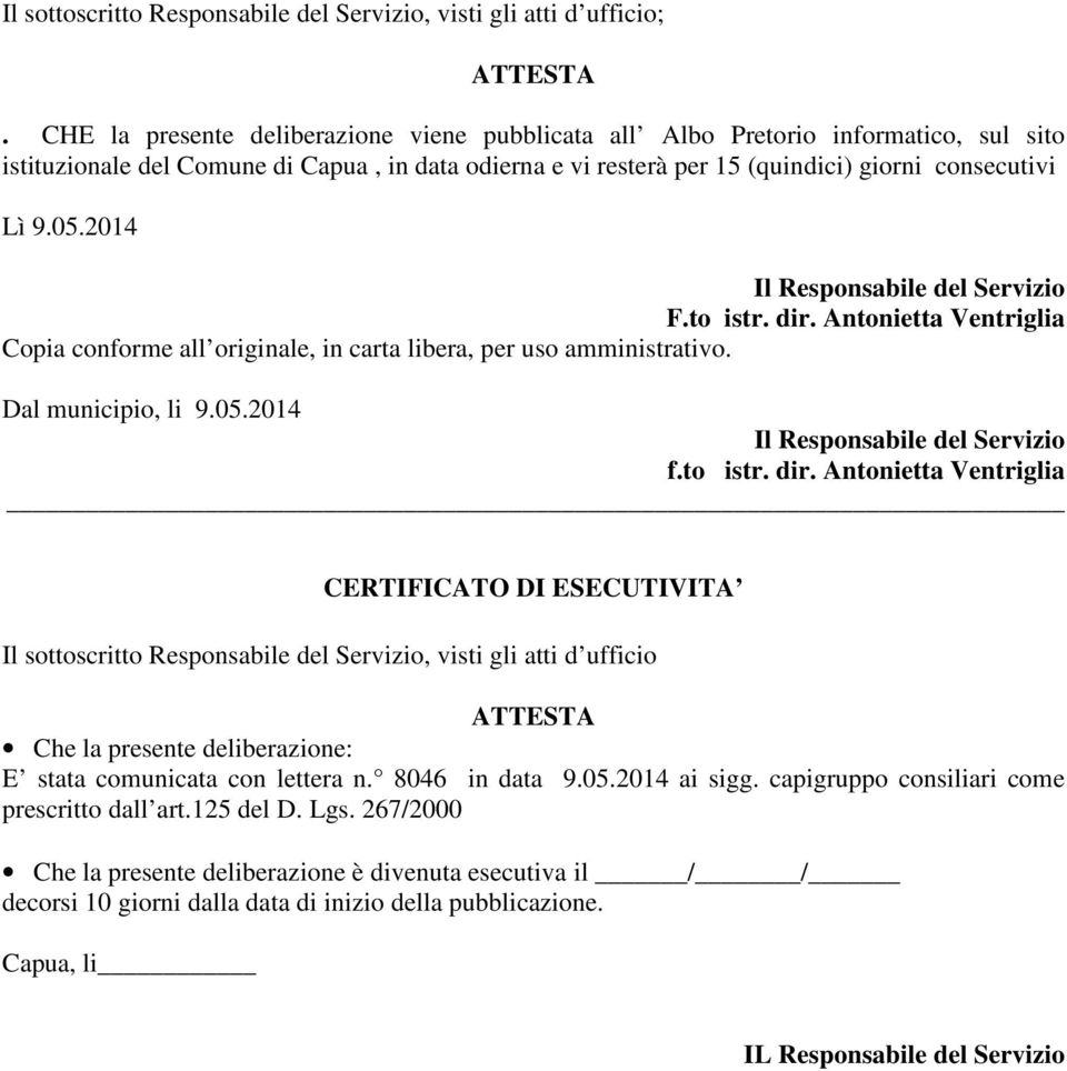 2014 Il Responsabile del Servizio F.to istr. dir. Antonietta Ventriglia Copia conforme all originale, in carta libera, per uso amministrativo. Dal municipio, li 9.05.