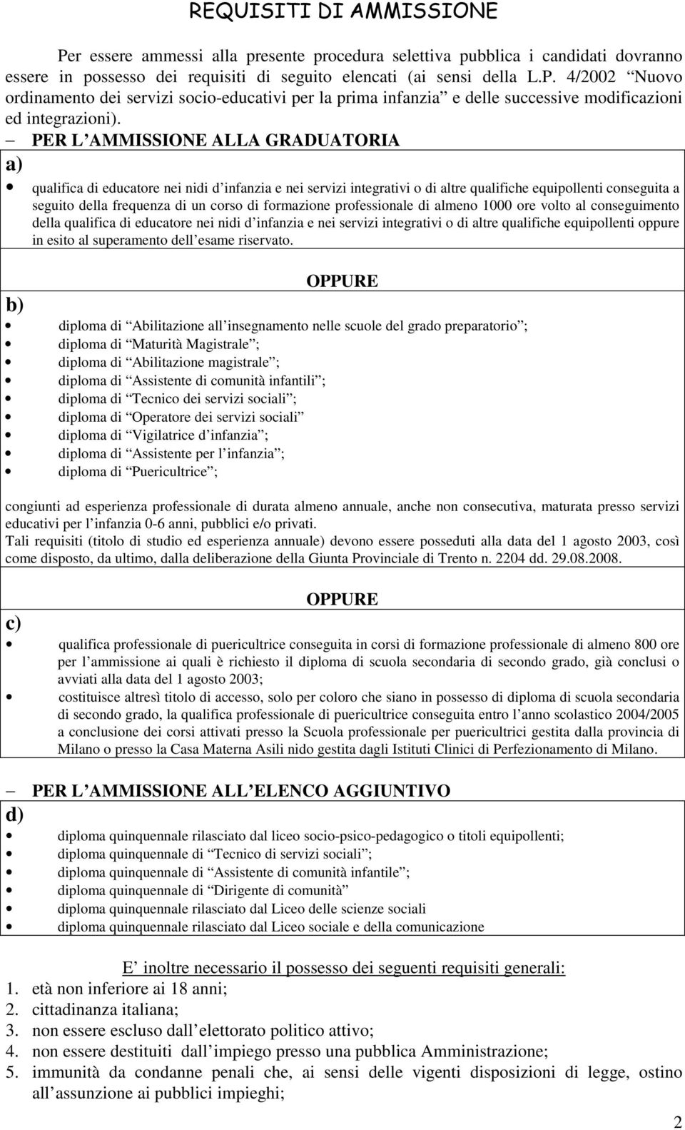 formazione professionale di almeno 1000 ore volto al conseguimento della qualifica di educatore nei nidi d infanzia e nei servizi integrativi o di altre qualifiche equipollenti oppure in esito al