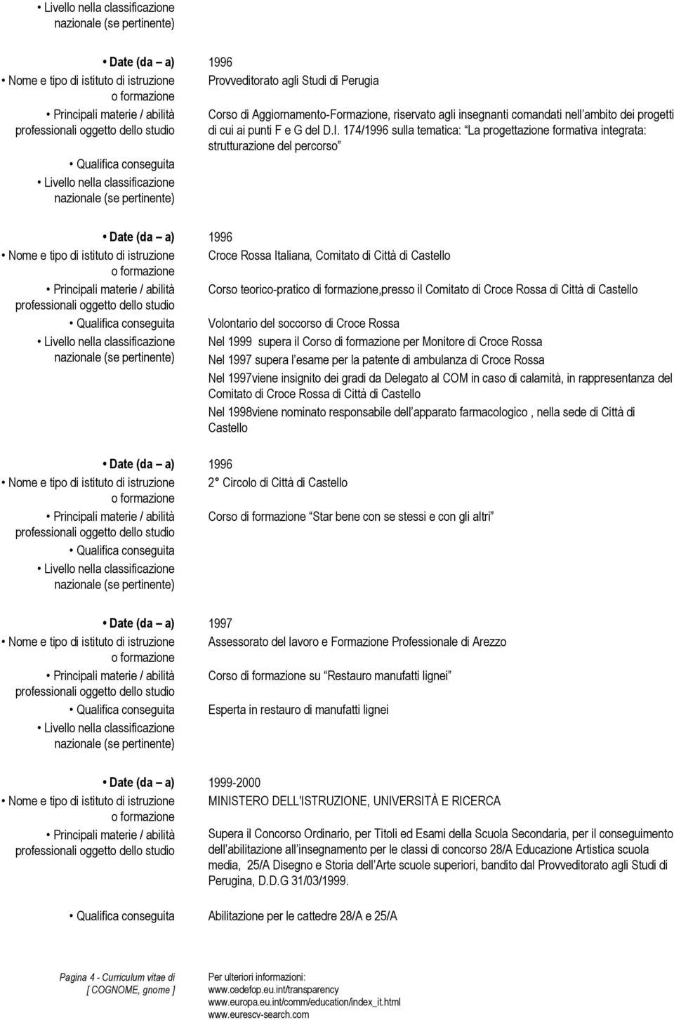 174/1996 sulla tematica: La progettazione formativa integrata: strutturazione del percorso Date (da a) 1996 Nome e tipo di istituto di istruzione Croce Rossa Italiana, Comitato di Città di Castello