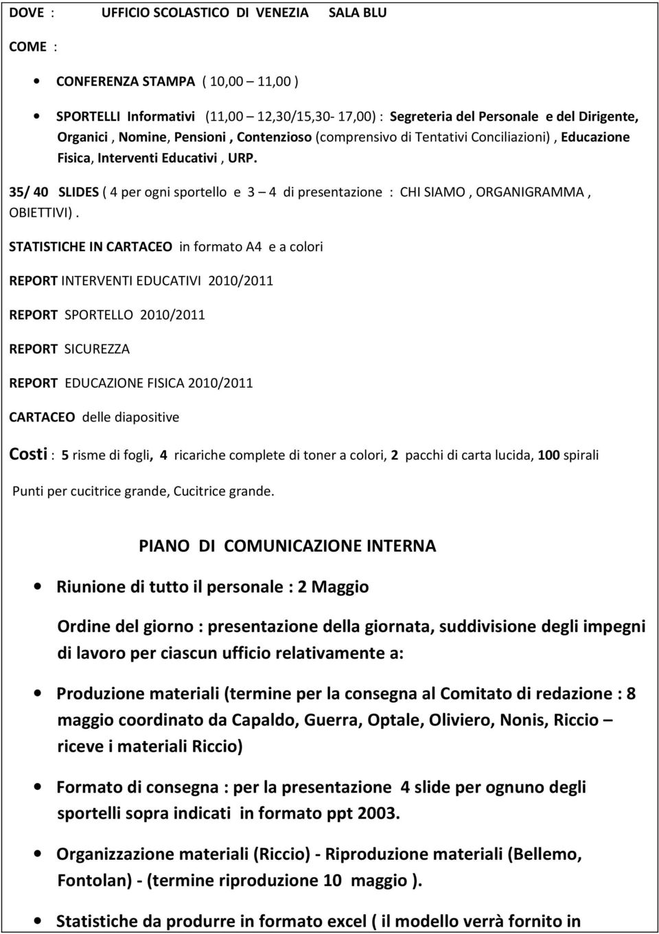 35/ 40 SLIDES ( 4 per ogni sportello e 3 4 di presentazione : CHI SIAMO, ORGANIGRAMMA, OBIETTIVI).