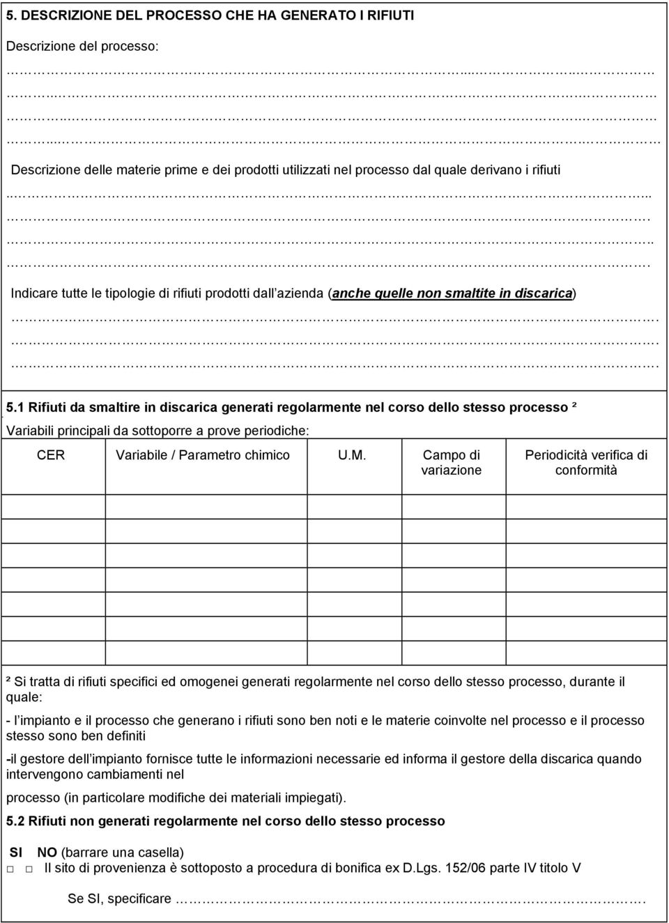 1 Rifiuti da smaltire in discarica generati regolarmente nel corso dello stesso processo ² Variabili principali da sottoporre a prove periodiche: CER Variabile / Parametro chimico U.M.