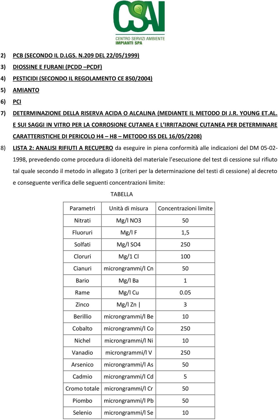 AL. E SUI SAGGI IN VITRO PER LA CORROSIONE CUTANEA E L IRRITAZIONE CUTANEA PER DETERMINARE CARATTERISTICHE DI PERICOLO H4 H8 METODO ISS DEL 16/05/2208) 8) LISTA 2: ANALISI RIFIUTI A RECUPERO da