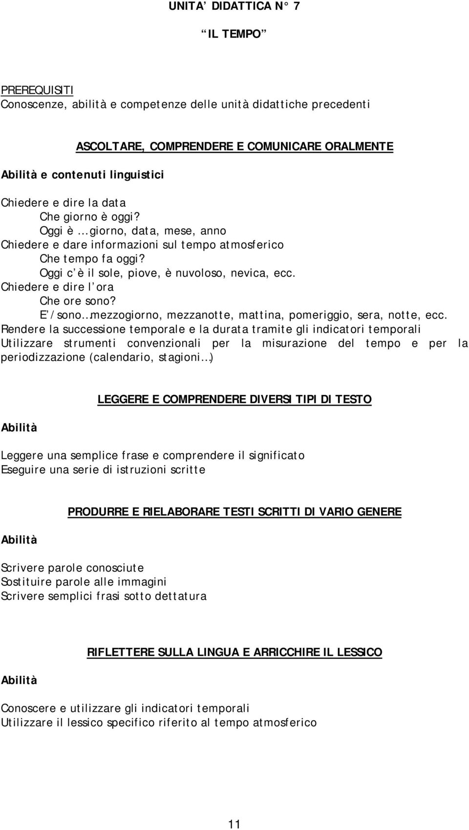 Rendere la successione temporale e la durata tramite gli indicatori temporali Utilizzare strumenti convenzionali per la misurazione del tempo e per la periodizzazione (calendario, stagioni ) Leggere