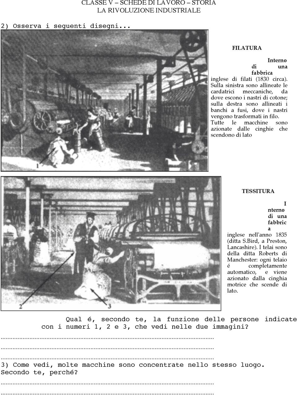 Tutte le macchine sono azionate dalle cinghie che scendono di lato TESSITURA I nterno di una fabbric a inglese nell'anno 1835 (ditta S.Bird, a Preston, Lancashire).