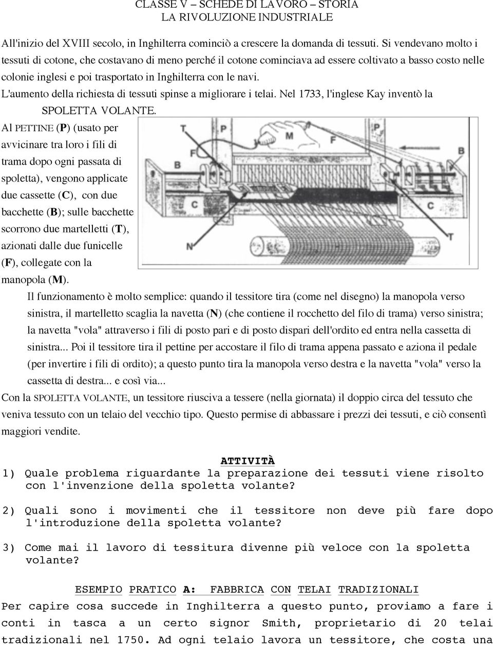 L'aumento della richiesta di tessuti spinse a migliorare i telai. Nel 1733, l'inglese Kay inventò la SPOLETTA VOLANTE.