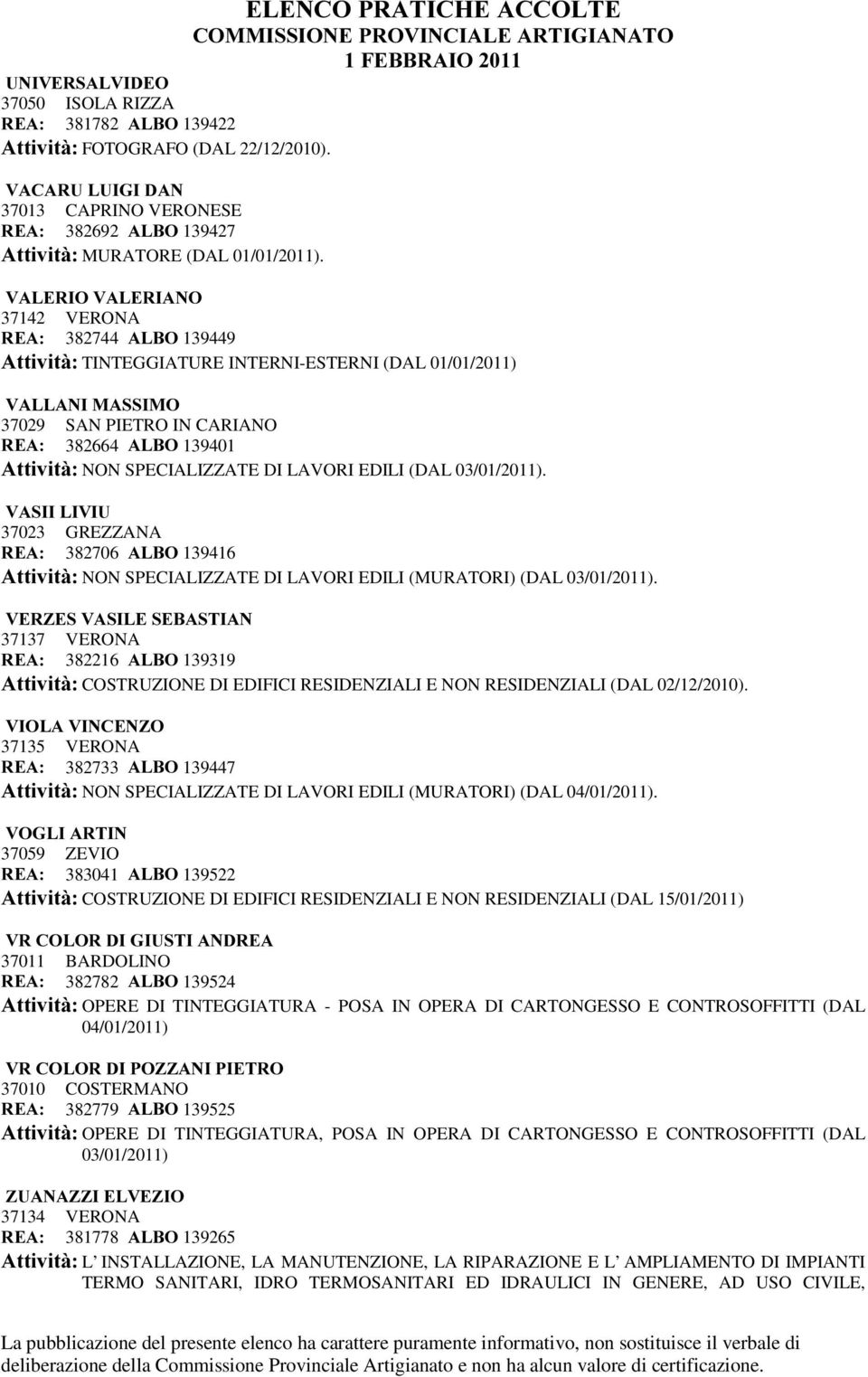 SPECIALIZZATE DI LAVORI EDILI (DAL 03/01/2011). 9$6,,/,9,8 37023 GREZZANA 5($ 382706 $/%2 139416 $WWLYLWj NON SPECIALIZZATE DI LAVORI EDILI (MURATORI) (DAL 03/01/2011).