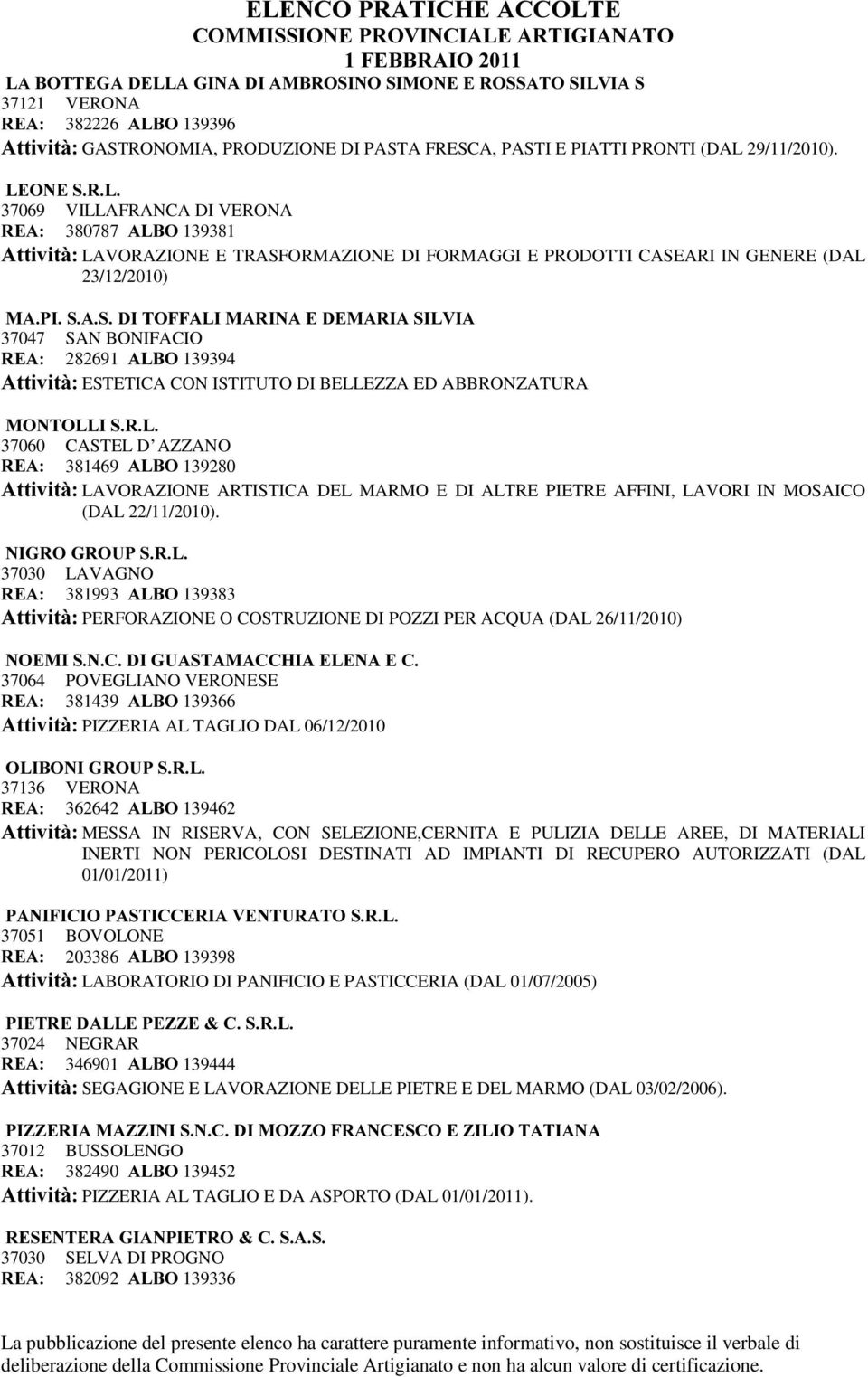 SAN BONIFACIO 5($ 282691 $/%2 139394 $WWLYLWj ESTETICA CON ISTITUTO DI BELLEZZA ED ABBRONZATURA 02172//,65/ 37060 CASTEL D AZZANO 5($ 381469 $/%2 139280 $WWLYLWj LAVORAZIONE ARTISTICA DEL MARMO E DI