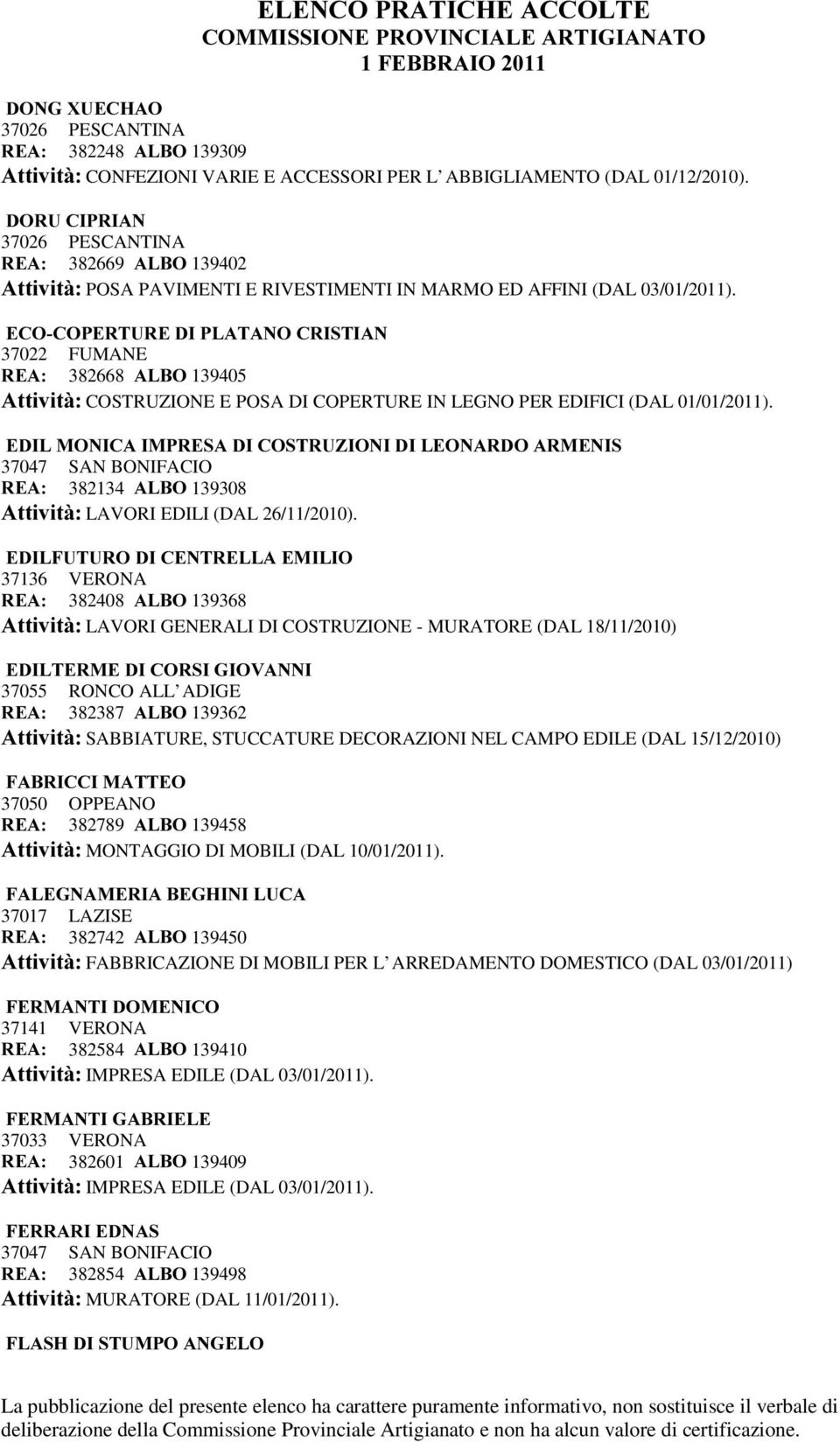 (&2&23(5785(',3/$7$12&5,67,$1 37022 FUMANE 5($ 382668 $/%2 139405 $WWLYLWj COSTRUZIONE E POSA DI COPERTURE IN LEGNO PER EDIFICI (DAL 01/01/2011).