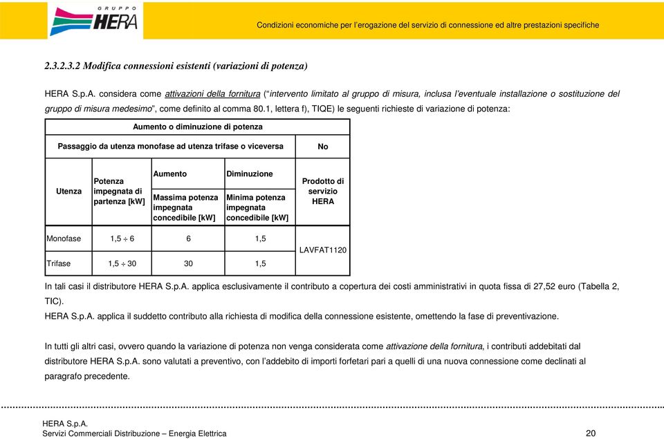 1, lettera f), TIQE) le seguenti richieste di variazione di potenza: Aumento o diminuzione di potenza Passaggio da utenza monofase ad utenza trifase o viceversa No Utenza Potenza impegnata di