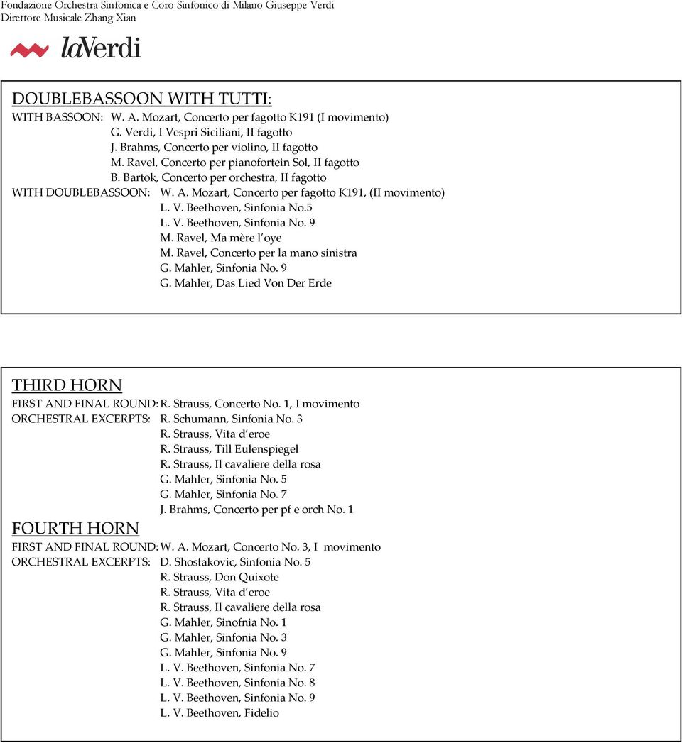 5 L. V. Beethoven, Sinfonia No. 9 M. Ravel, Ma mère l oye M. Ravel, Concerto per la mano sinistra G. Mahler, Sinfonia No. 9 G. Mahler, Das Lied Von Der Erde THIRD HORN FIRST AND FINAL ROUND: R.