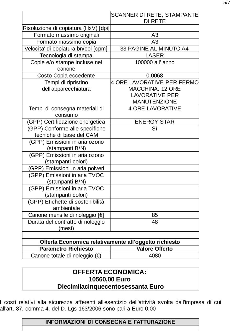 12 ORE LAVORATIVE PER MANUTENZIONE Tempi di consegna materiali di 4 ORE LAVORATIVE consumo (GPP) Certificazione energetica ENERGY STAR (GPP) Conforme alle specifiche Sì tecniche di base del CAM (GPP)