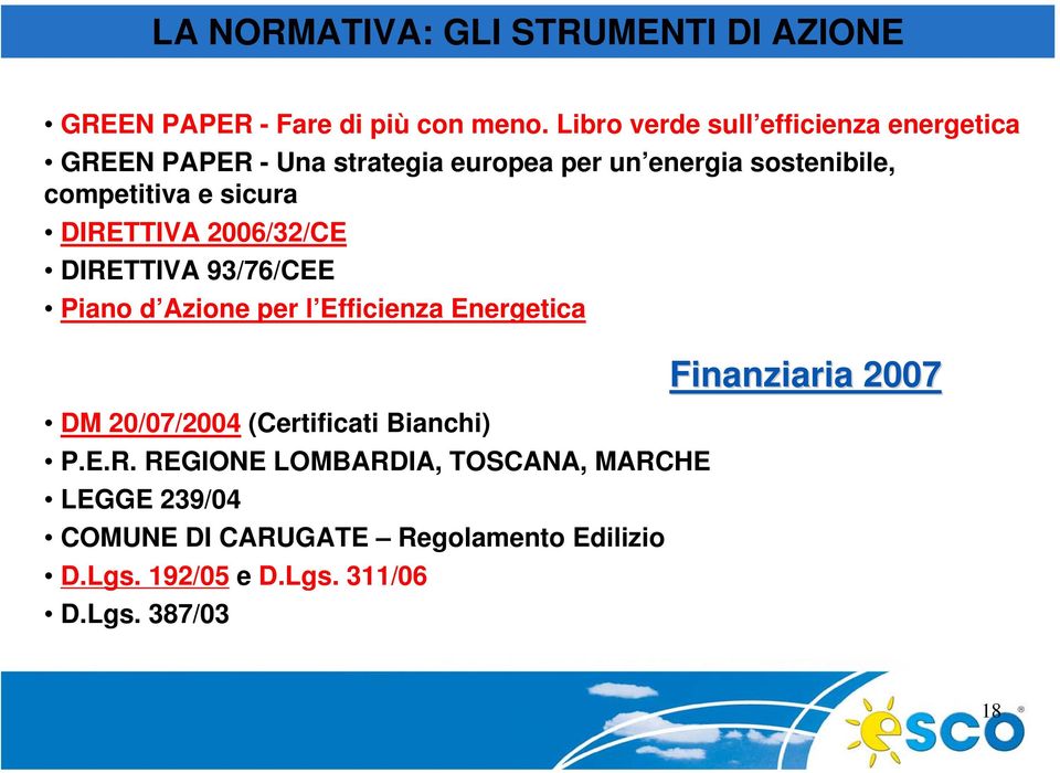 sicura DIRETTIVA 2006/32/CE DIRETTIVA 93/76/CEE Piano d Azione per l Efficienza Energetica DM 20/07/2004 (Certificati