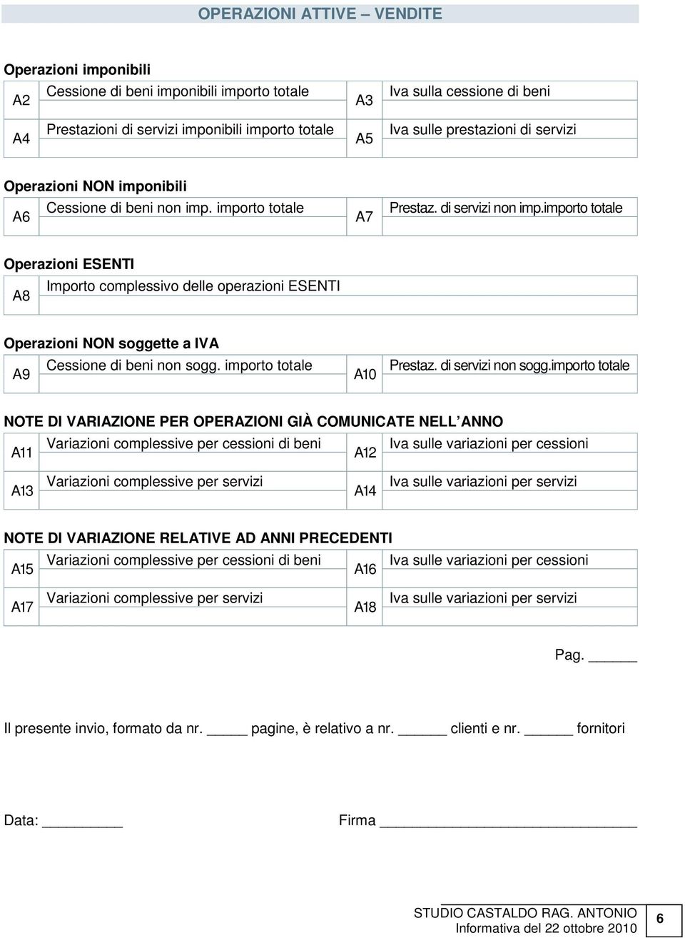 importo totale Operazioni ESENTI A8 Importo complessivo delle operazioni ESENTI Operazioni NON soggette a IVA A9 Cessione di beni non sogg. importo totale A10 Prestaz. di servizi non sogg.