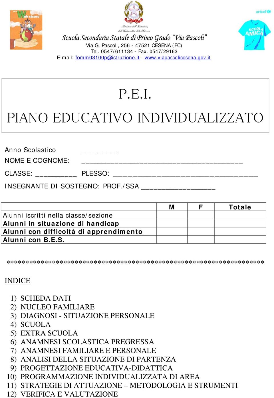 /SSA Alunni iscritti nella classe/sezione Alunni in situazione di handicap Alunni con difficoltà di apprendimento Alunni con B.E.S. M F Totale