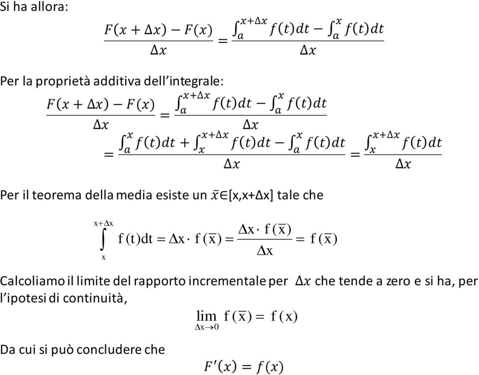 x+ x x x f t dt x x x x f ( x) f ( t) dt x f ( x) f ( x) x Clcolimo il limite del rpporto incrementle per x