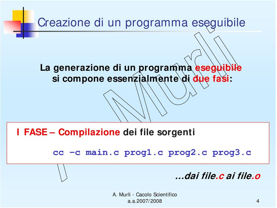 fasi: I FASE Compilazione dei file sorgenti cc c main.
