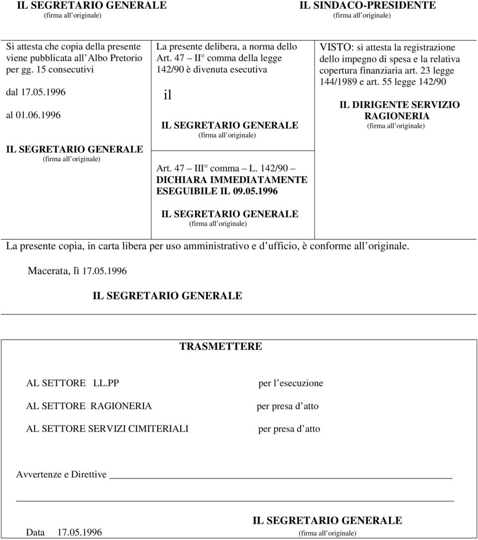 1996 VISTO: si attesta la registrazione dello impegno di spesa e la relativa copertura finanziaria art. 23 legge 144/1989 e art.