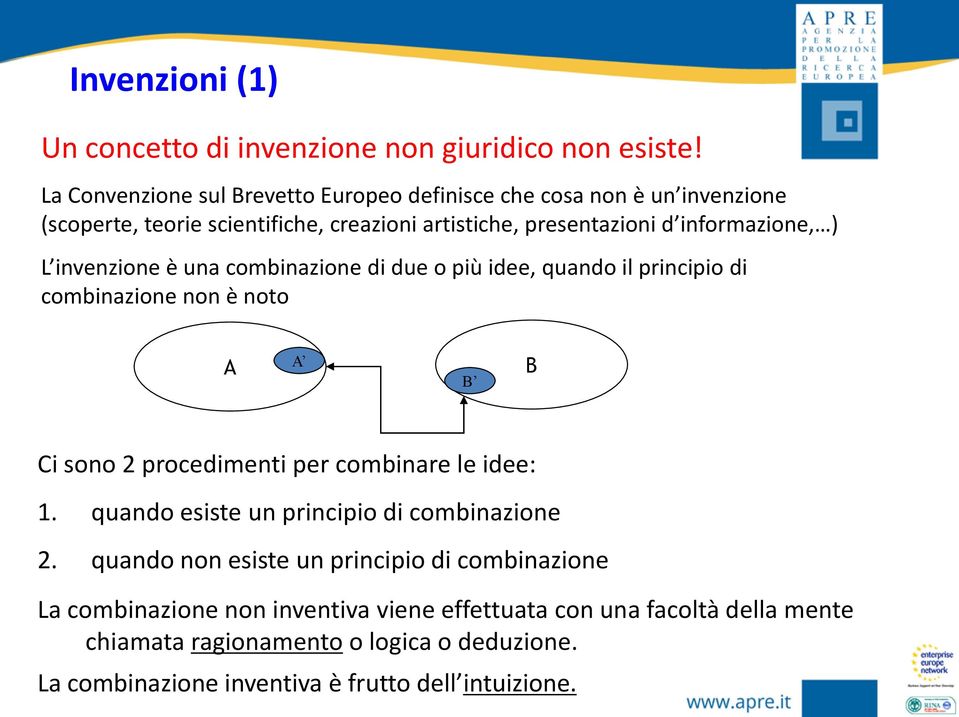 L invenzione è una combinazione di due o più idee, quando il principio di combinazione non è noto A A B B Ci sono 2 procedimenti per combinare le idee: 1.