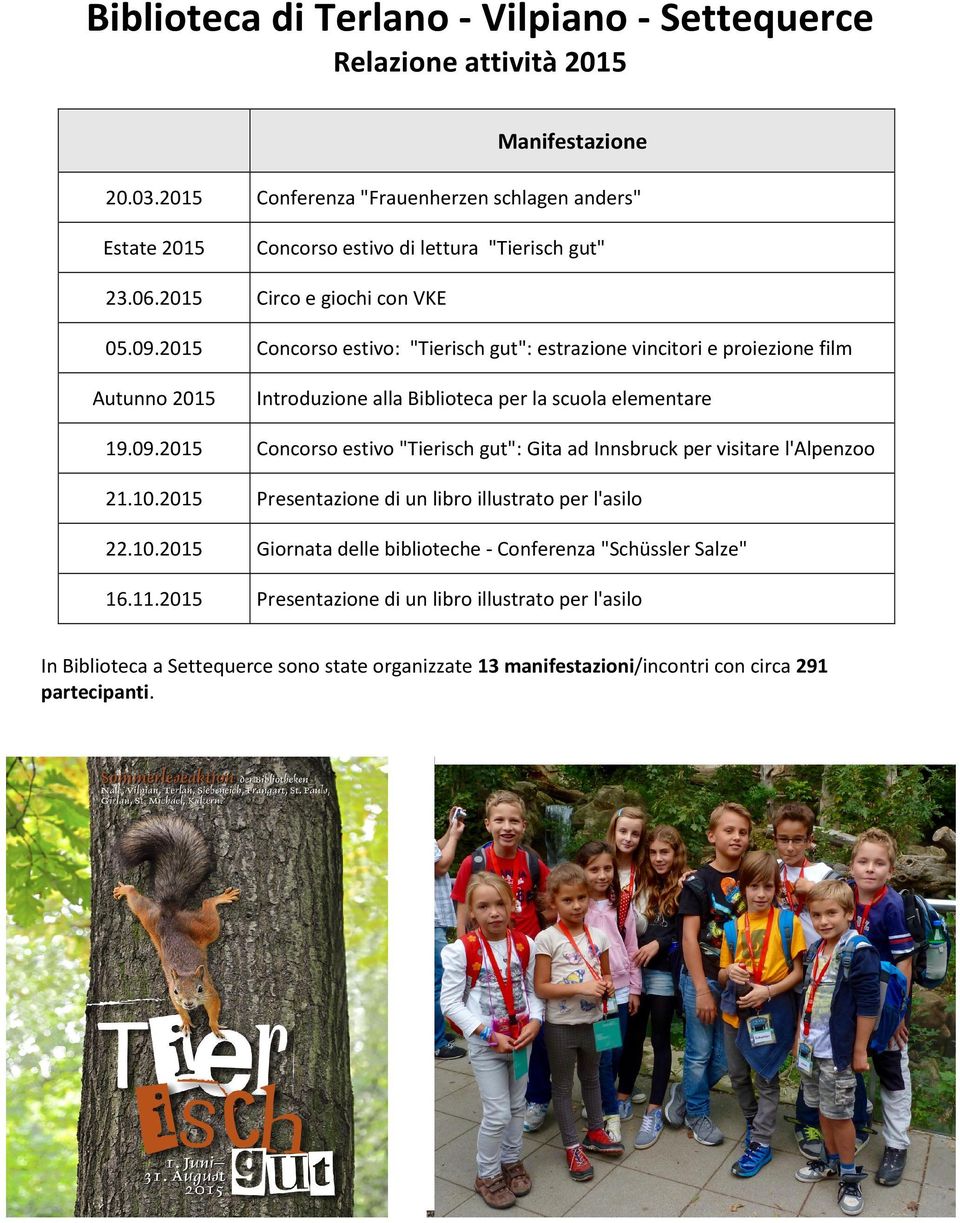 09.2015 Concorso estivo "Tierisch gut": Gita ad Innsbruck per visitare l'alpenzoo 21.10.2015 Presentazione di un libro illustrato per l'asilo 22.10.2015 Giornata delle biblioteche - Conferenza "Schüssler Salze" 16.