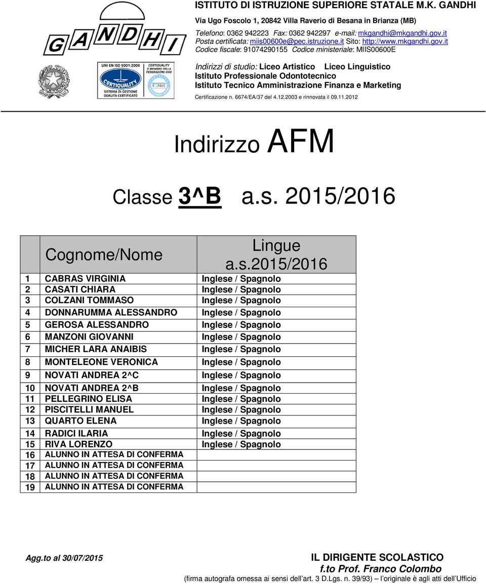 2015/2016 1 CABRAS VIRGINIA Inglese / Spagnolo 2 CASATI CHIARA Inglese / Spagnolo 3 COLZANI TOMMASO Inglese / Spagnolo 4 DONNARUMMA ALESSANDRO Inglese / Spagnolo