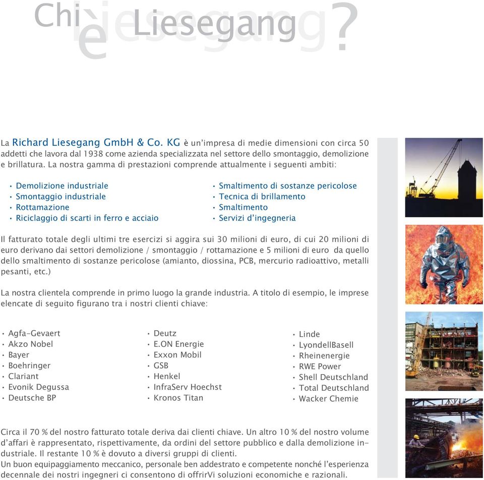 La nostra gamma di prestazioni comprende attualmente i seguenti ambiti: Demolizione industriale Smontaggio industriale Rottamazione Riciclaggio di scarti in ferro e acciaio Smaltimento di sostanze