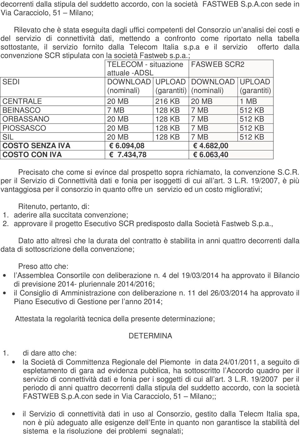 con sede in Via Caracciolo, 51 Milano; Rilevato che è stata eseguita dagli uffici competenti del Consorzio un analisi dei costi e del servizio di connettività dati, mettendo a confronto come