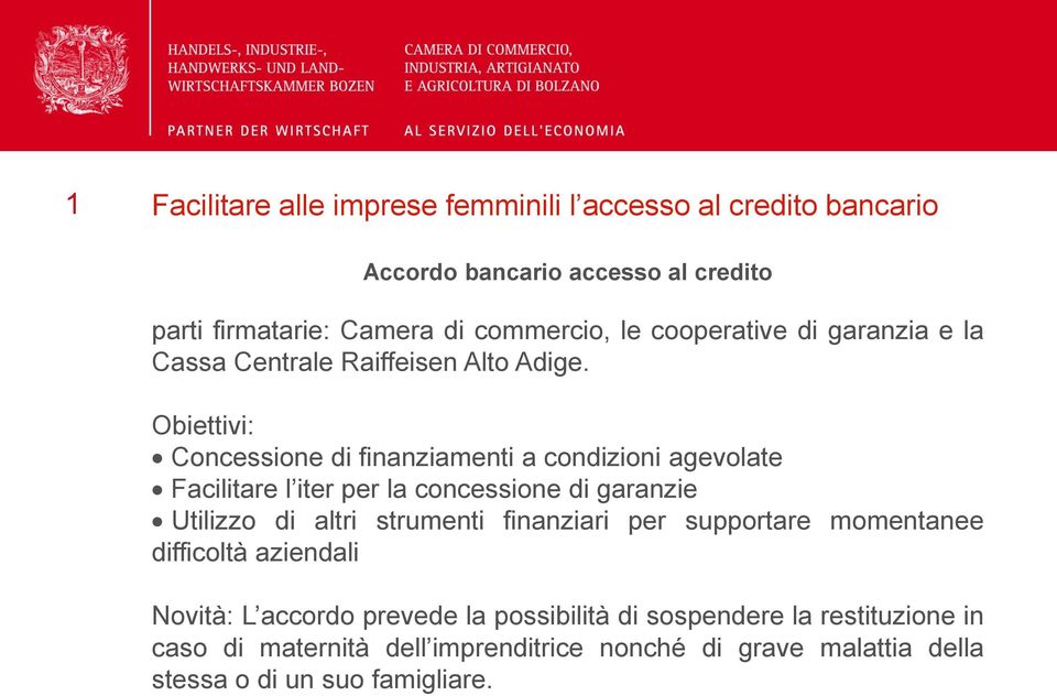 Obiettivi: Concessione di finanziamenti a condizioni agevolate Facilitare l iter per la concessione di garanzie Utilizzo di altri strumenti