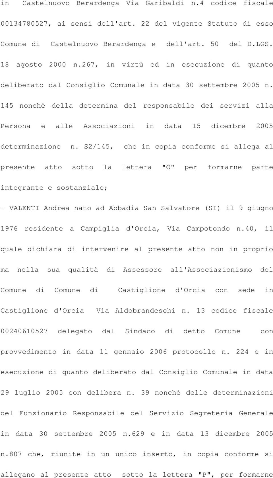 145 nonchè della determina del responsabile dei servizi alla Persona e alle Associazioni in data 15 dicembre 2005 determinazione n.