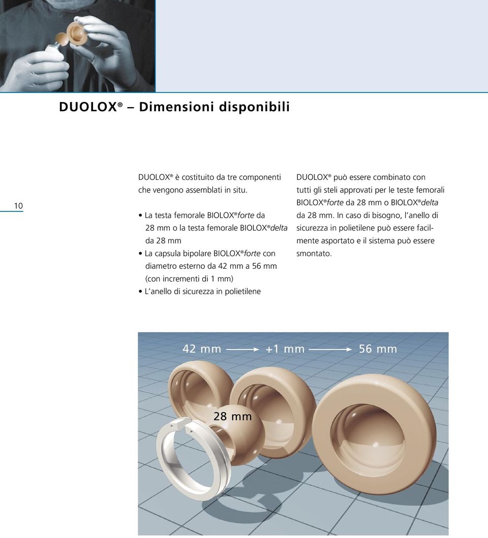 56 mm (con incrementi di 1 mm) L anello di sicurezza in polietilene DUOLOX può essere combinato con tutti gli steli approvati per le teste femorali