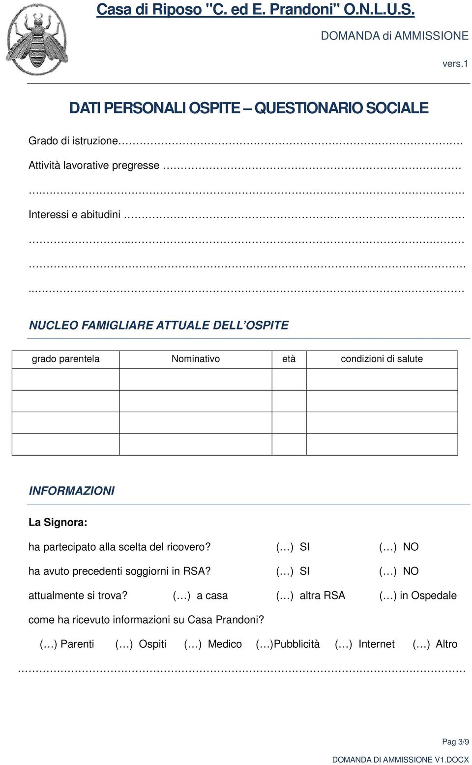 partecipato alla scelta del ricovero? ( ) ( ) ha avuto precedenti soggiorni in RSA? ( ) ( ) attualmente si trova?