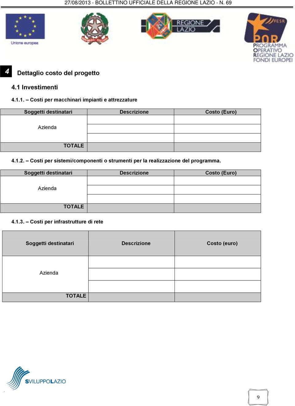 1. Costi per macchinari impianti e attrezzature Soggetti destinatari Descrizione Costo