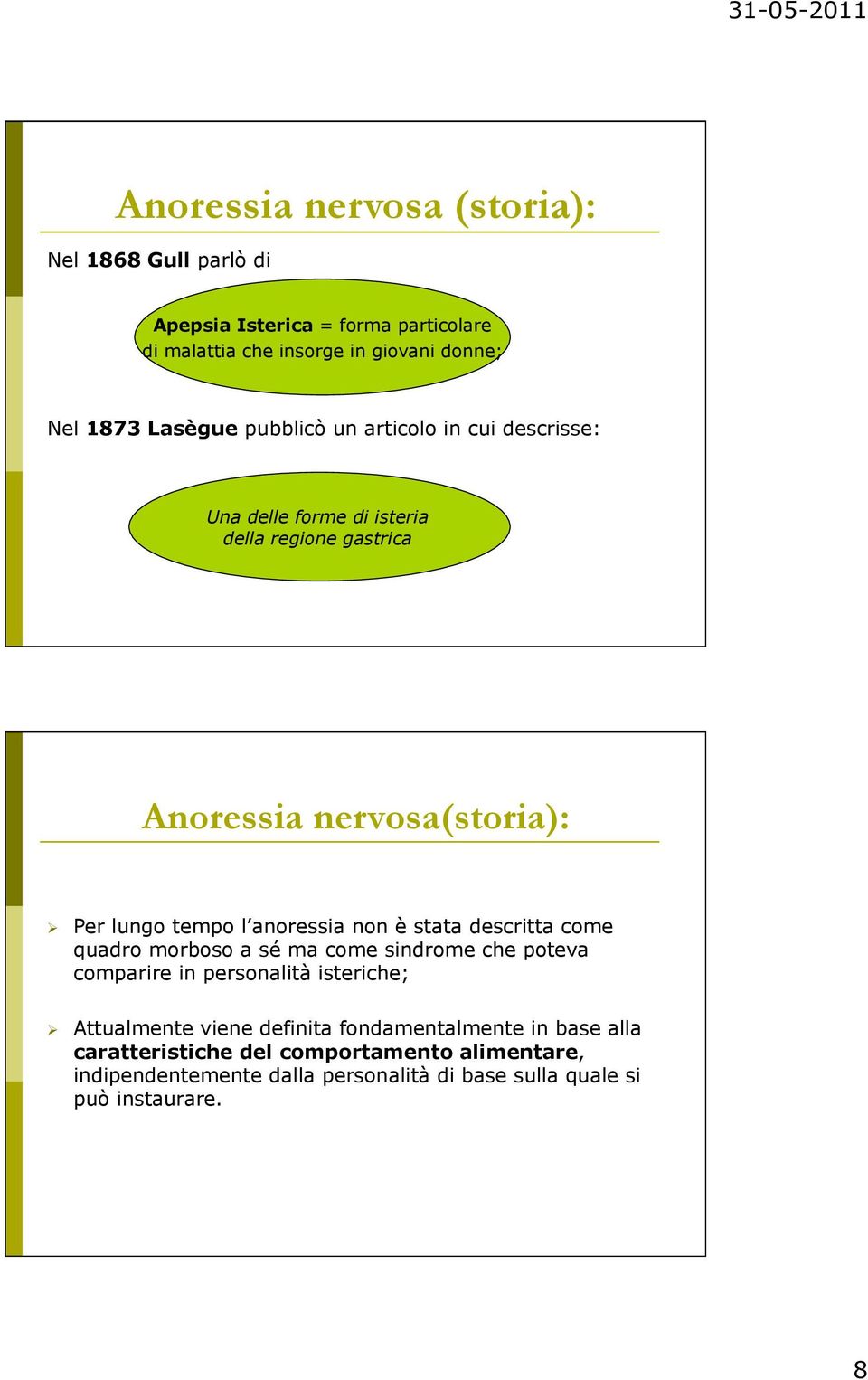 anoressia non è stata descritta come quadro morboso a sé ma come sindrome che poteva comparire in personalità isteriche; Attualmente viene