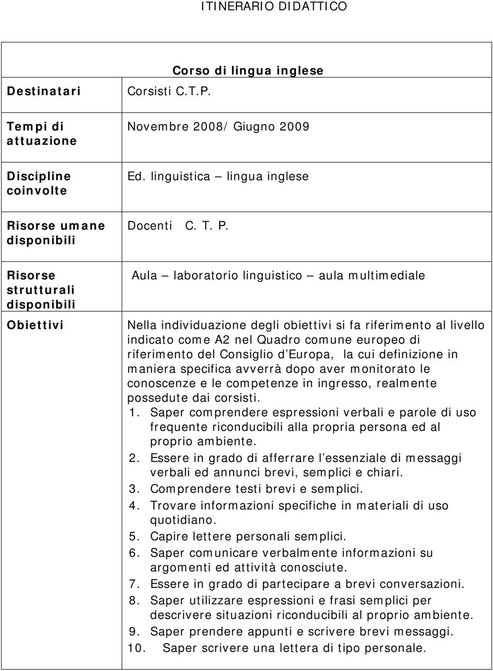 riferimento del Consiglio d Europa, la cui definizione in maniera specifica avverrà dopo aver monitorato le conoscenze e le competenze in ingresso, realmente possedute dai corsisti. 1.