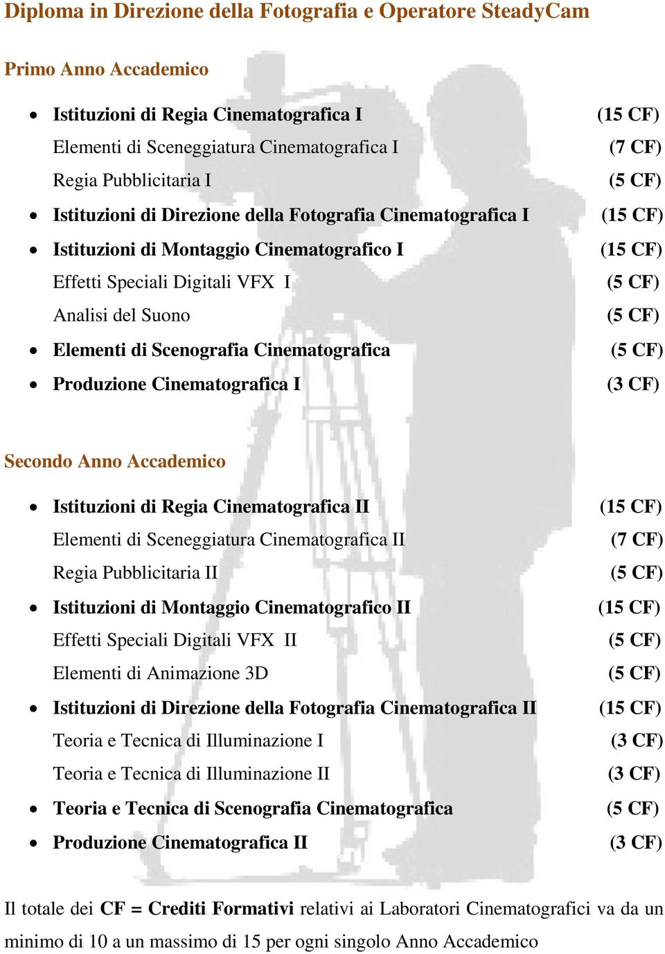 Cinematografica I Secondo Anno Accademico Istituzioni di Regia Cinematografica II Elementi di Sceneggiatura Cinematografica II Regia Pubblicitaria II Istituzioni di Montaggio Cinematografico II
