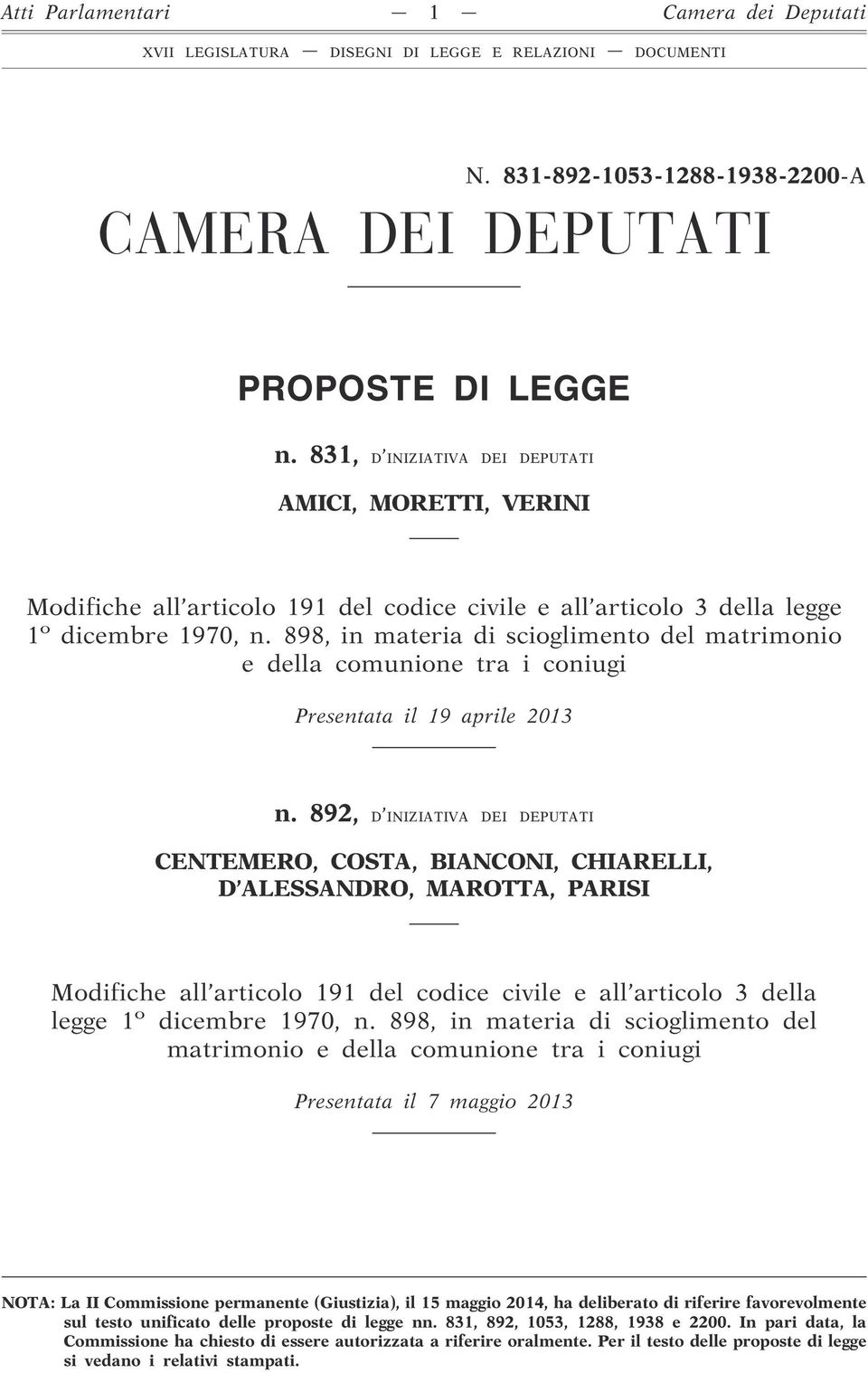 898, in materia di scioglimento del matrimonio e della comunione tra i coniugi Presentata il 19 aprile 2013 n.