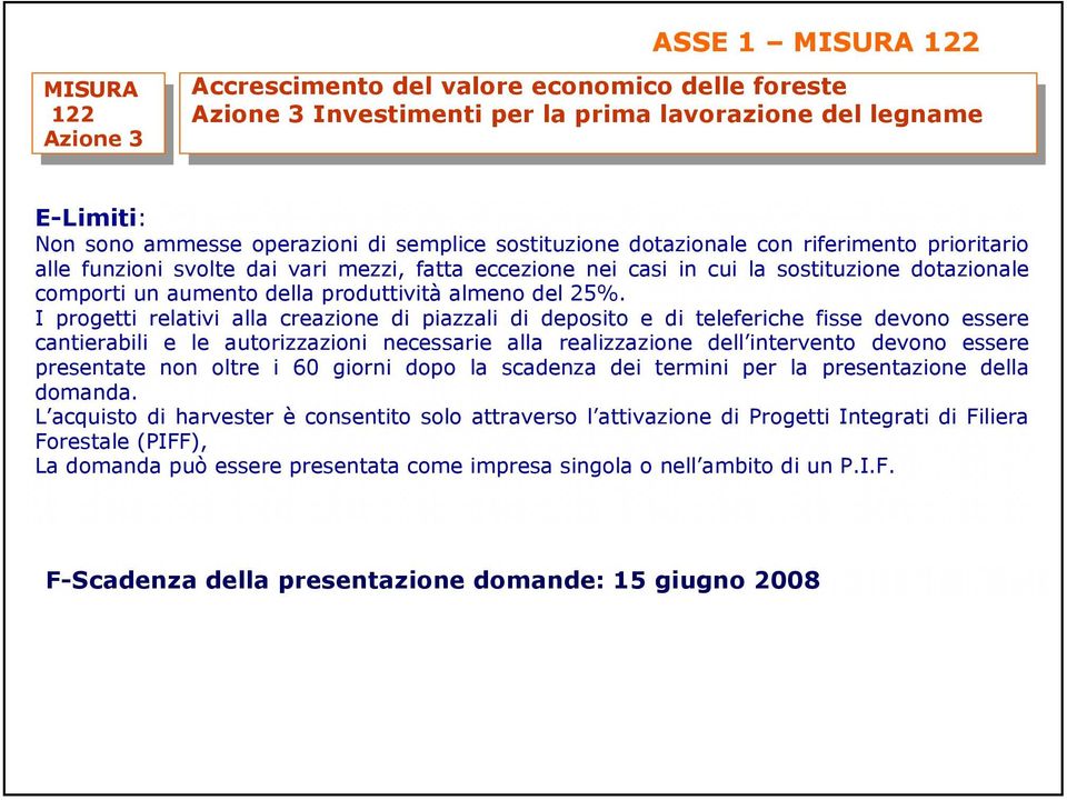 25%. I progetti relativi alla creazione di piazzali di deposito e di teleferiche fisse devono essere cantierabili e le autorizzazioni necessarie alla realizzazione dell intervento devono essere