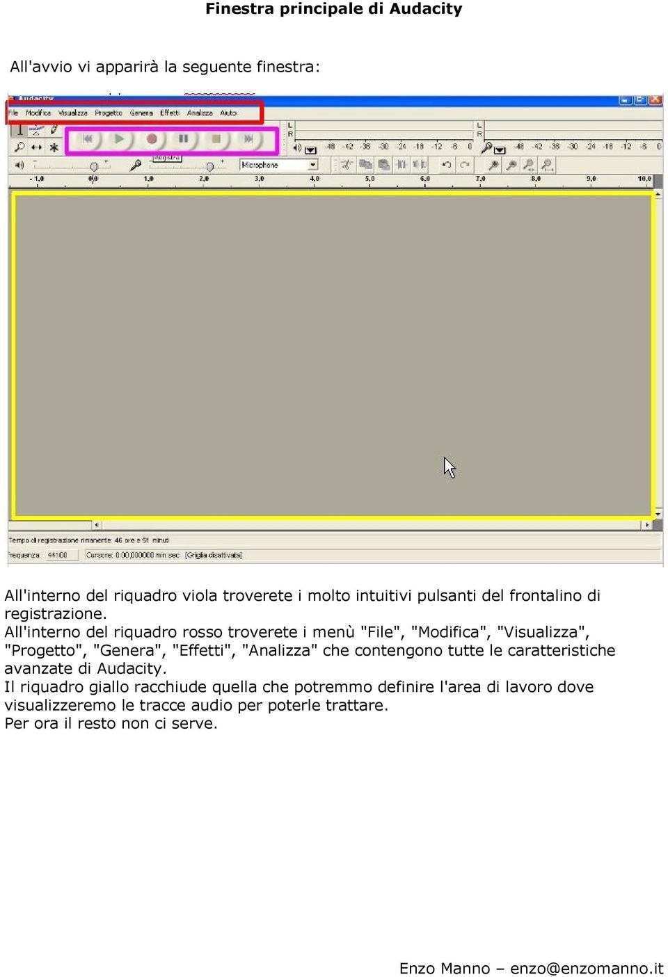 All'interno del riquadro rosso troverete i menù "File", "Modifica", "Visualizza", "Progetto", "Genera", "Effetti", "Analizza" che