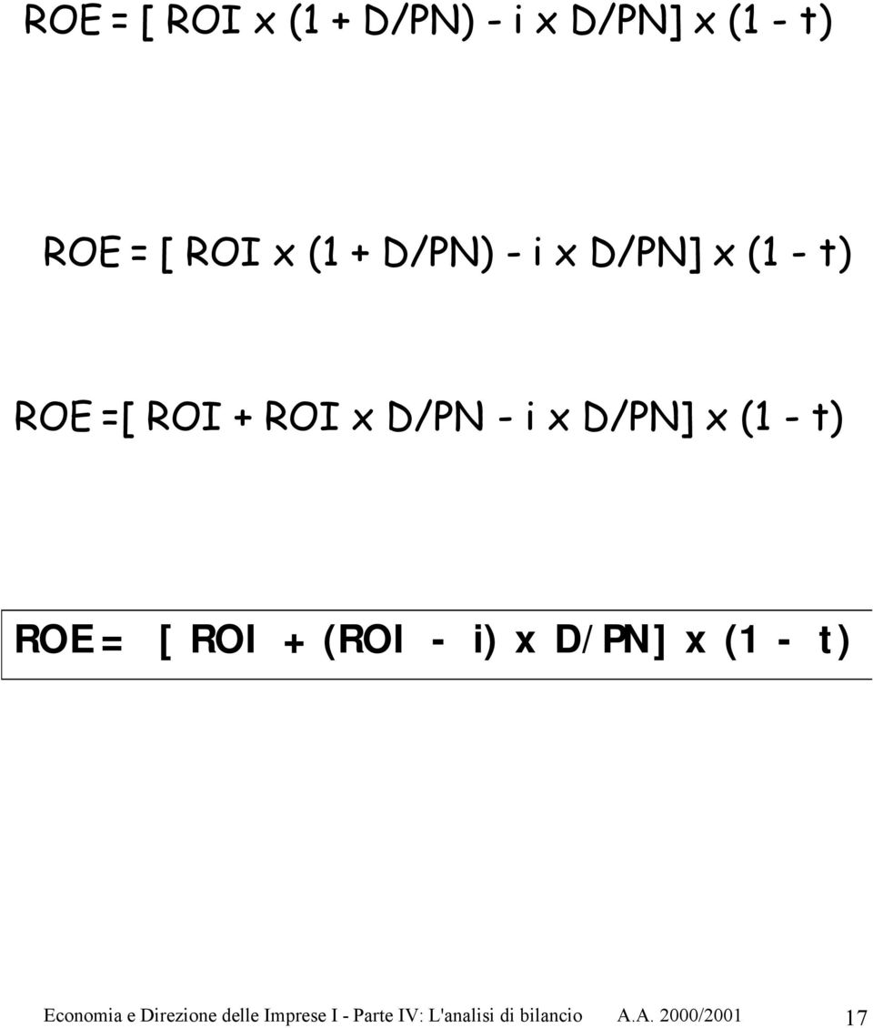 (1 - t) ROE= [ ROI + (ROI - i) x D/PN] x (1 - t) Economia e